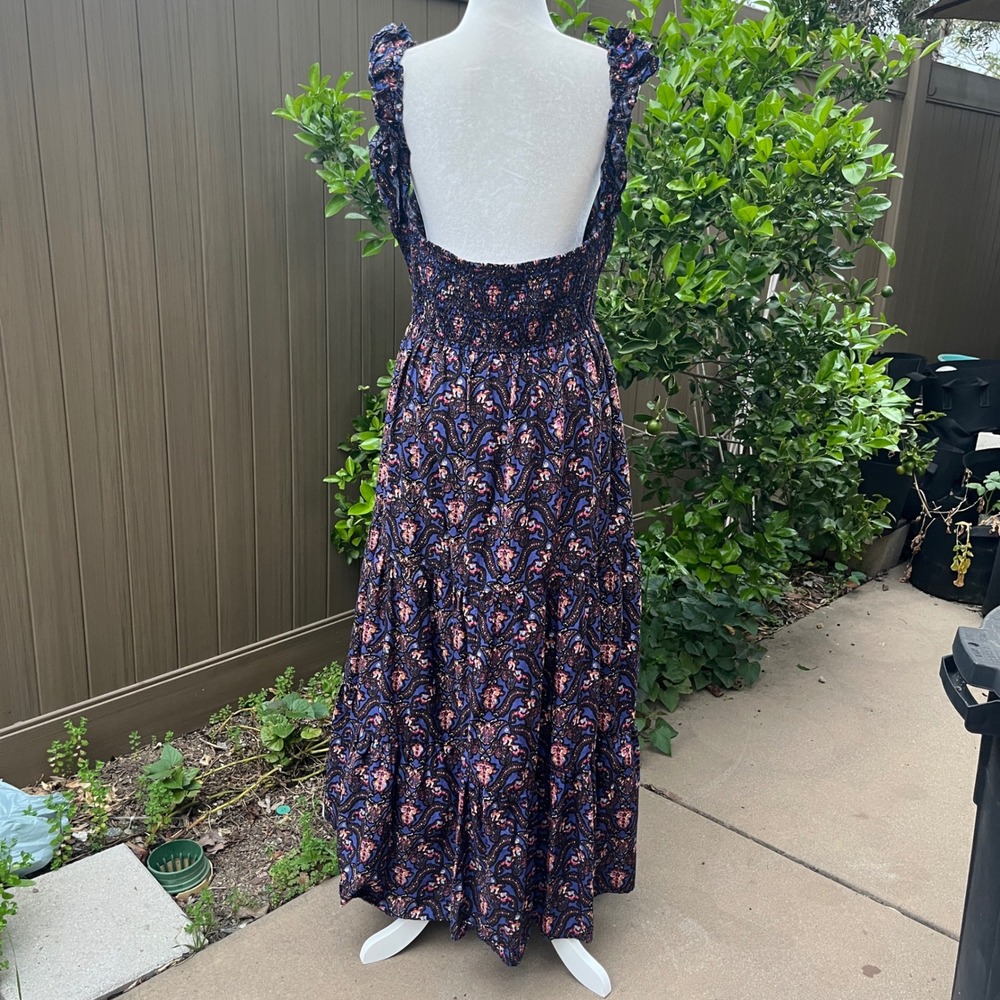 New Caroline Constas Women Navy Pansy Print Ruffle Tiered Smocked Maxi Dress L - Picture 4 of 13